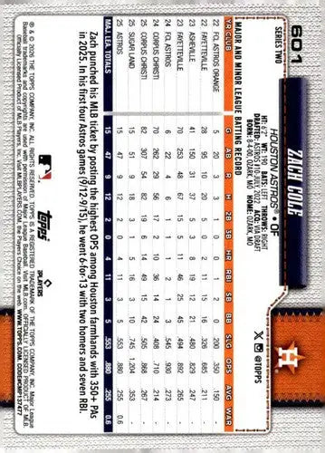 2026 Topps #601 Zach Cole NM Near Mint RC Rookie Astros ID:83050 - Baseball Card Single