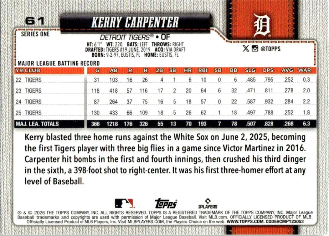 2026 Topps #61 Kerry Carpenter NM-MT Detroit Tigers Baseball Card