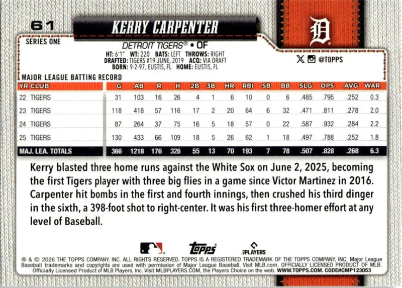 2026 Topps #61 Kerry Carpenter NM-MT Detroit Tigers Baseball Card