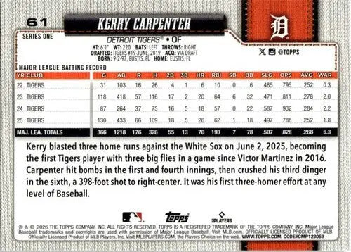 2026 Topps #61 Kerry Carpenter NM-MT Tigers ID:81766 - Baseball Card Single
