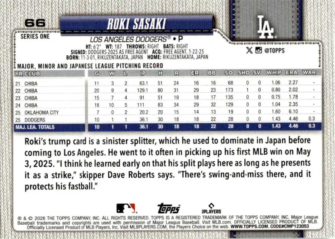 2026 Topps #66 Roki Sasaki NM-MT Dodgers Future Stars ID:81769 - Baseball Card Single