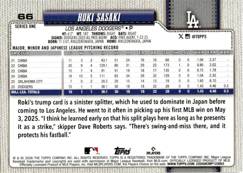 2026 Topps #66 Roki Sasaki NM-MT Dodgers Future Stars ID:81769 - Baseball Card Single