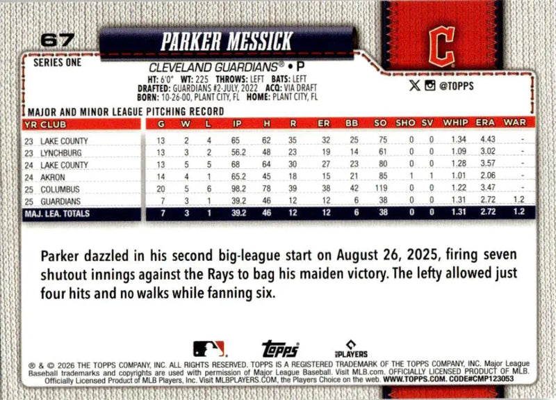 2026 Topps #67 Parker Messick NM-MT RC Rookie Cleveland Guardians Baseball Card