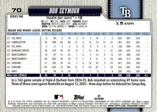 2026 Topps #70 Bob Seymour NM-MT RC Rookie Rays ID:82061 - Baseball Card Single