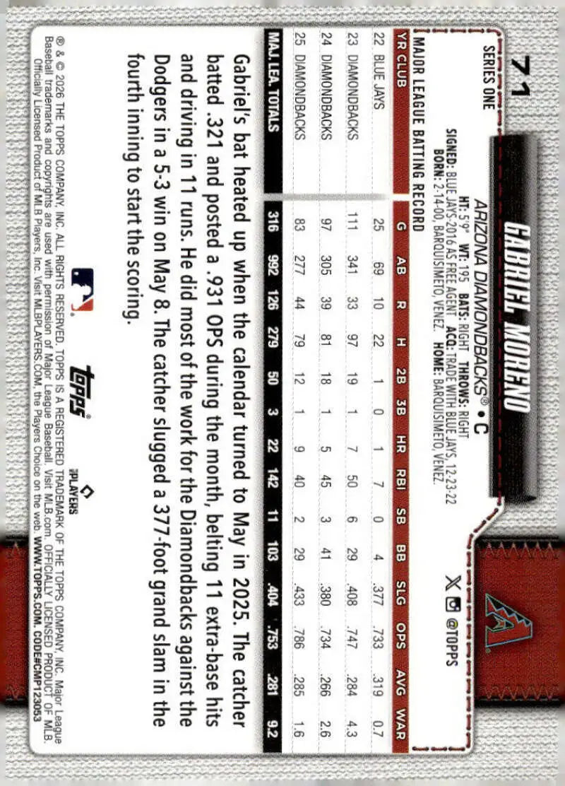 2026 Topps #71 Gabriel Moreno NM-MT Arizona Diamondbacks Baseball Card
