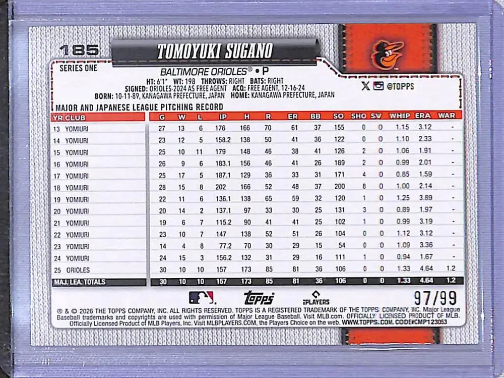 2026 Topps 75 Green Diamante #185 Tomoyuki Sugano NM-MT 97/99 Baltimore Orioles - Baseball Card Single