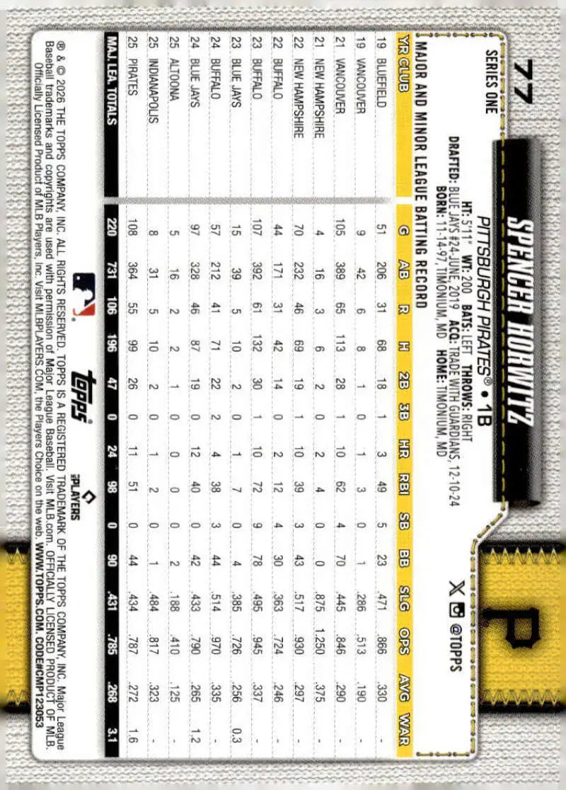 2026 Topps #77 Spencer Horwitz NM-MT Pittsburgh Pirates Baseball Card