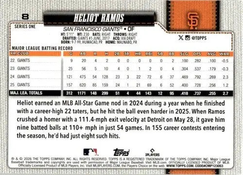 2026 Topps #8 Heliot Ramos NM-MT Giants ID:82208 - Baseball Card Single