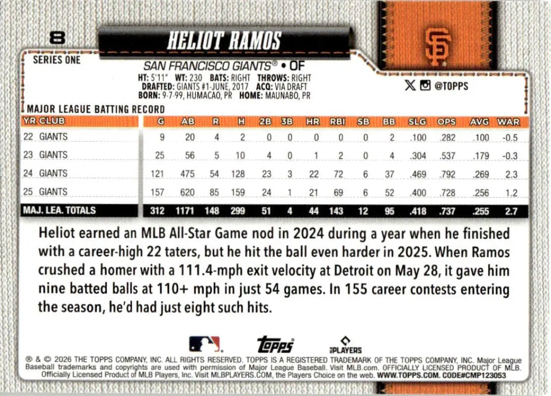 2026 Topps #8 Heliot Ramos NM-MT San Francisco Giants Baseball Card