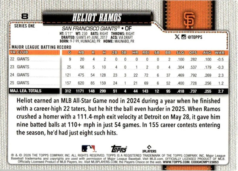 2026 Topps #8 Heliot Ramos NM-MT San Francisco Giants Baseball Card