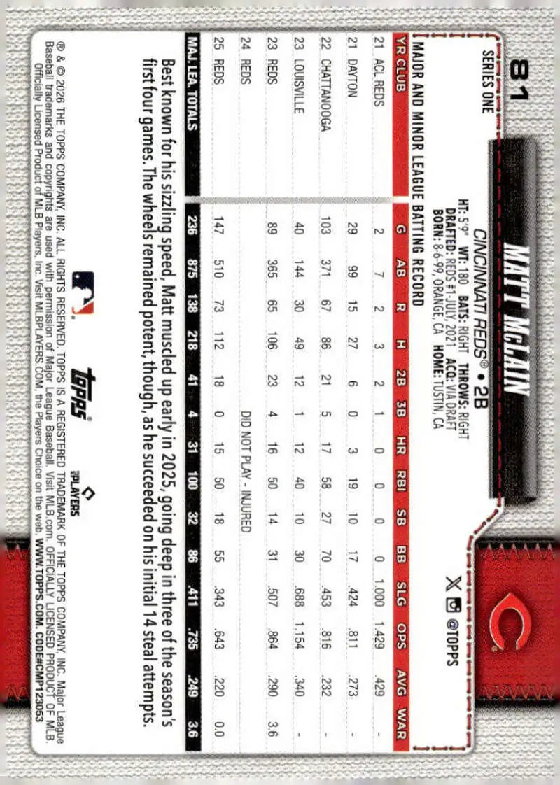 2026 Topps #81 Matt McLain NM-MT Cincinnati Reds Baseball Card