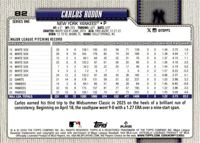 2026 Topps #82 Carlos Rodon NM-MT New York Yankees Baseball Card