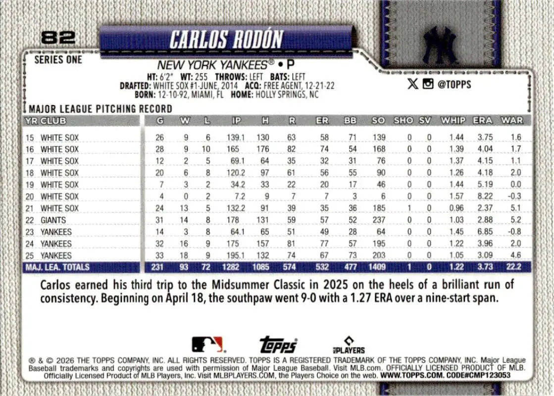 2026 Topps #82 Carlos Rodon NM-MT Yankees ID:81778 - Baseball Card Single