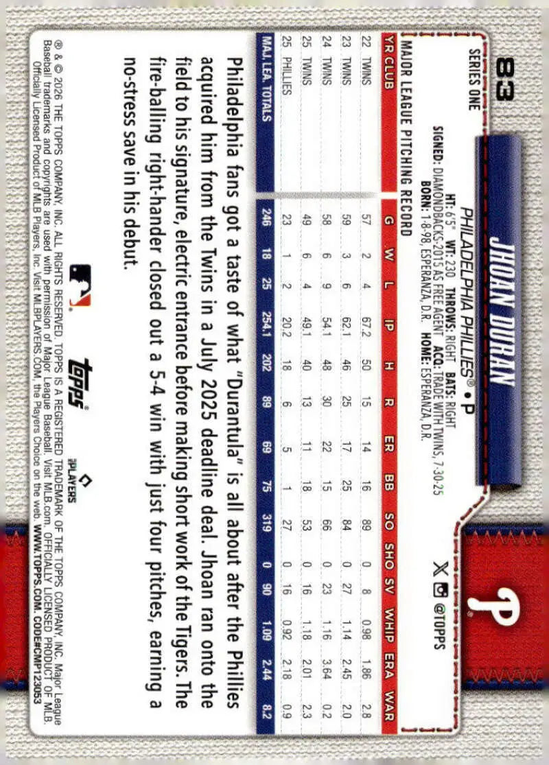 2026 Topps #83 Jhoan Duran NM-MT Philadelphia Phillies Baseball Card