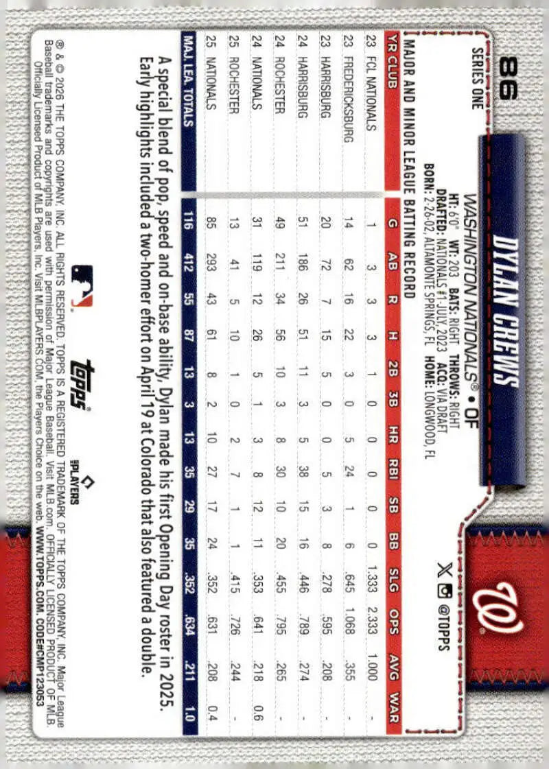 2026 Topps #86 Dylan Crews NM-MT Washington Nationals Baseball Card