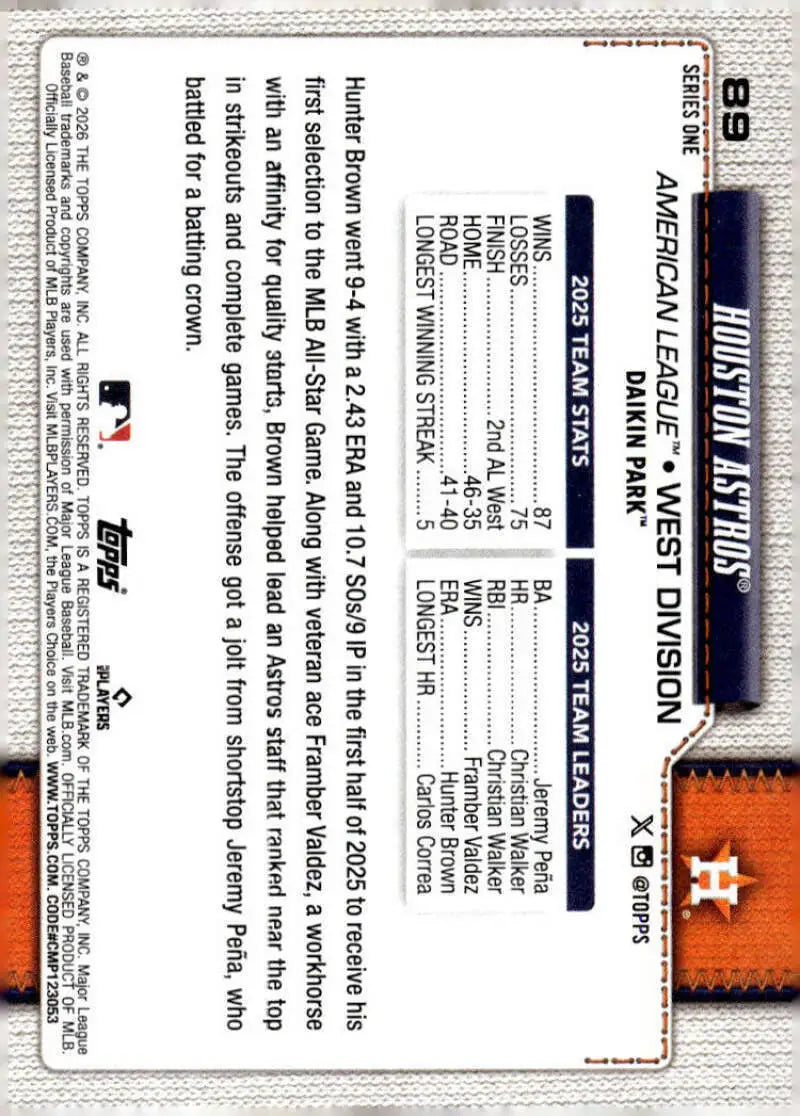2026 Topps #89 Houston Astros NM-MT Houston Astros Baseball Card