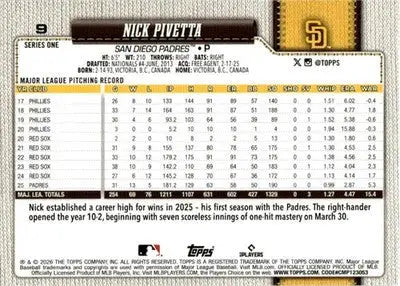 2026 Topps #9 Nick Pivetta NM-MT Padres ID:82056 - Baseball Card Single