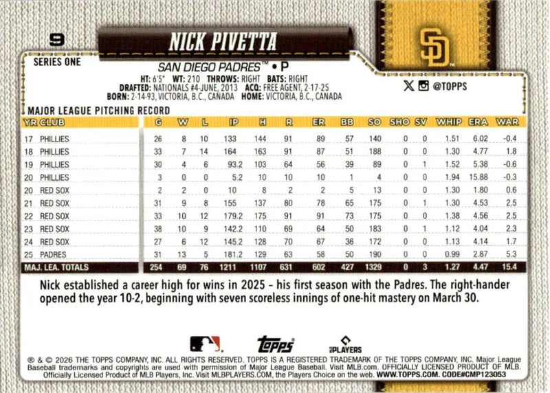 2026 Topps #9 Nick Pivetta NM-MT San Diego Padres Baseball Card