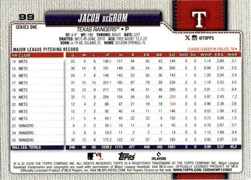 2026 Topps #99 Jacob deGrom NM-MT Rangers ID:82062 - Baseball Card Single