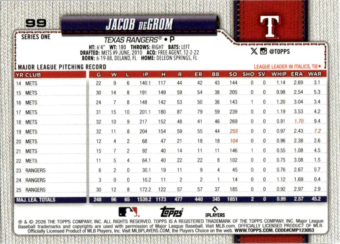 2026 Topps #99 Jacob deGrom NM-MT Texas Rangers Baseball Card