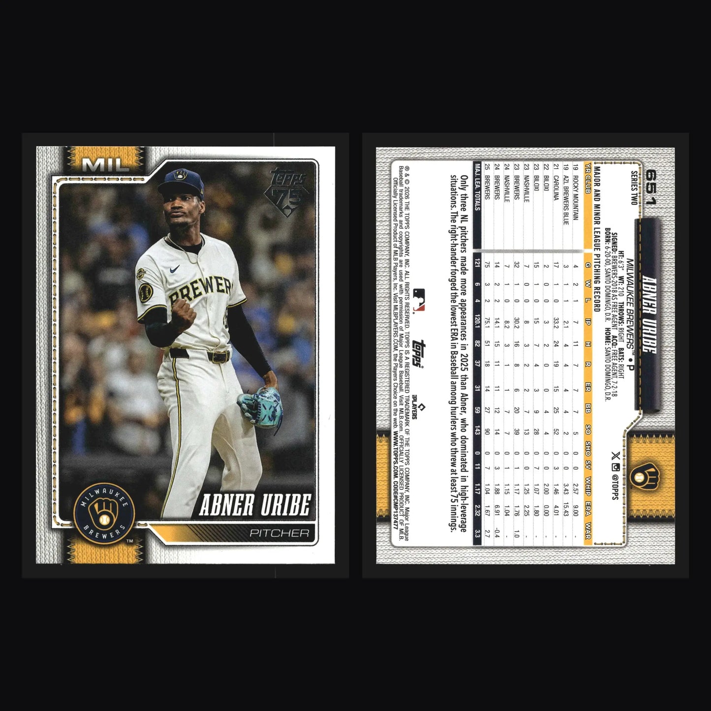 2026 Topps Abner Uribe #651 Milwaukee Brewers - Baseball Card Single