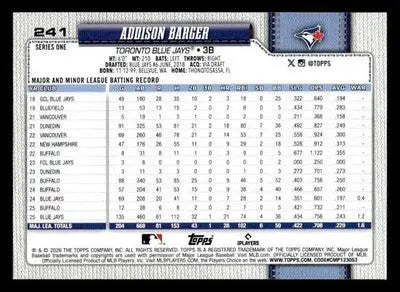 2026 Topps Addison Barger #241 Toronto Blue Jays - Baseball Card Single
