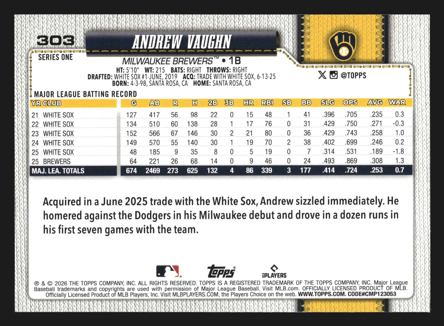 2026 Topps Andrew Vaughn #303 Milwaukee Brewers - Baseball Card Single