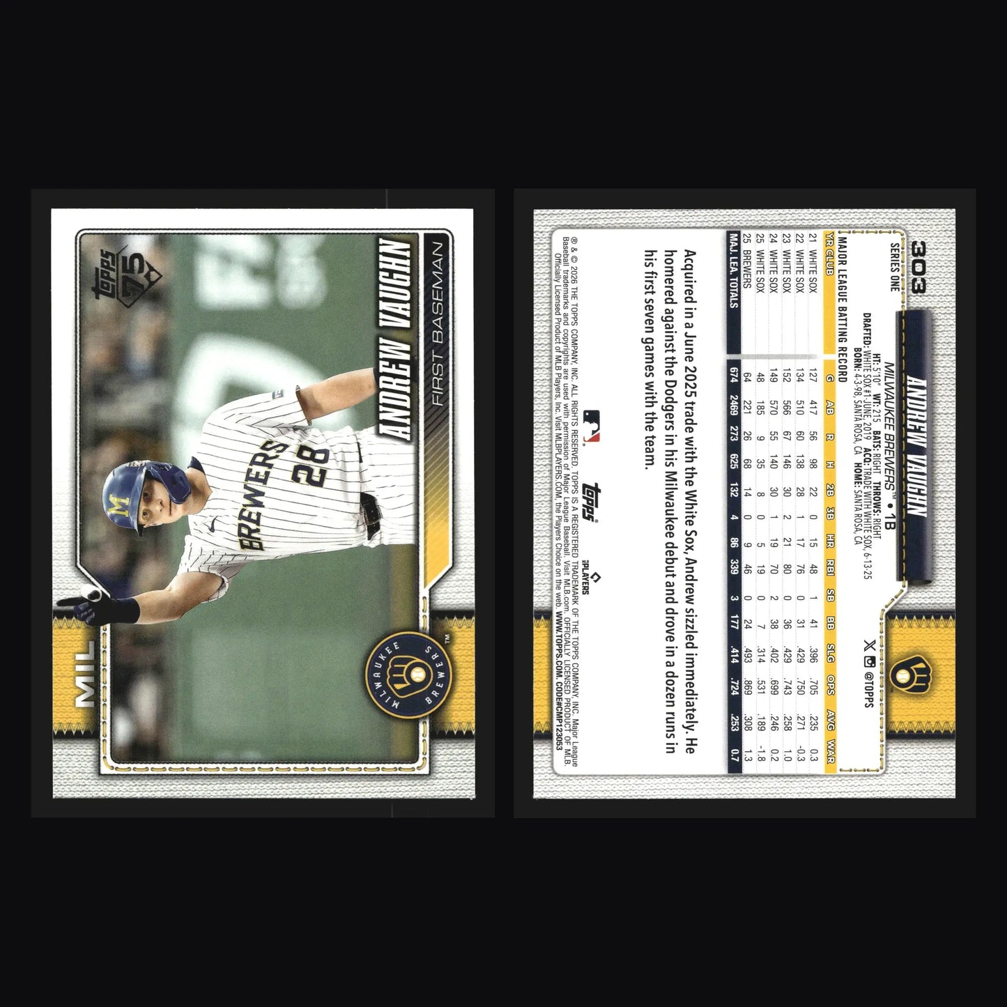 2026 Topps Andrew Vaughn #303 Milwaukee Brewers - Baseball Card Single