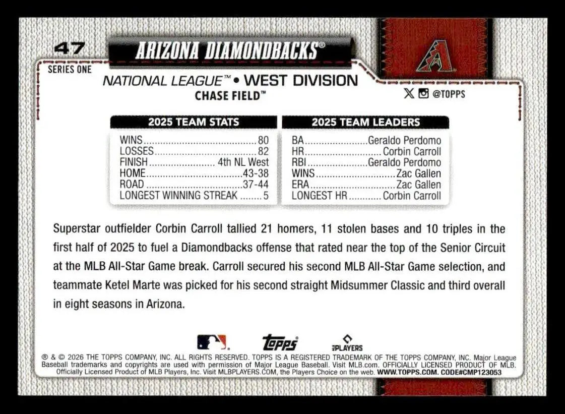 2026 Topps Arizona Diamondbacks #47 Arizona Diamondbacks - Baseball Card Single