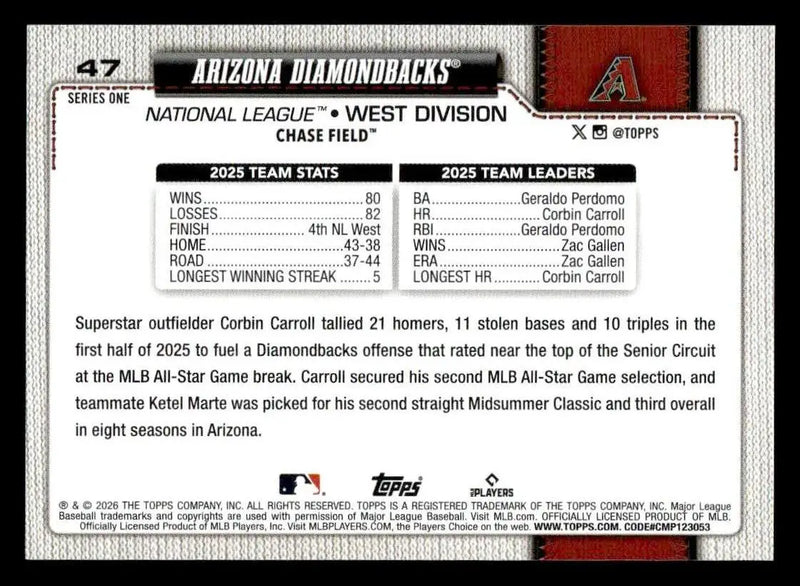 2026 Topps Arizona Diamondbacks #47 Arizona Diamondbacks - Baseball Card Single