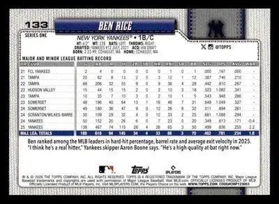 2026 Topps Ben Rice #133 New York Yankees - Baseball Card Single