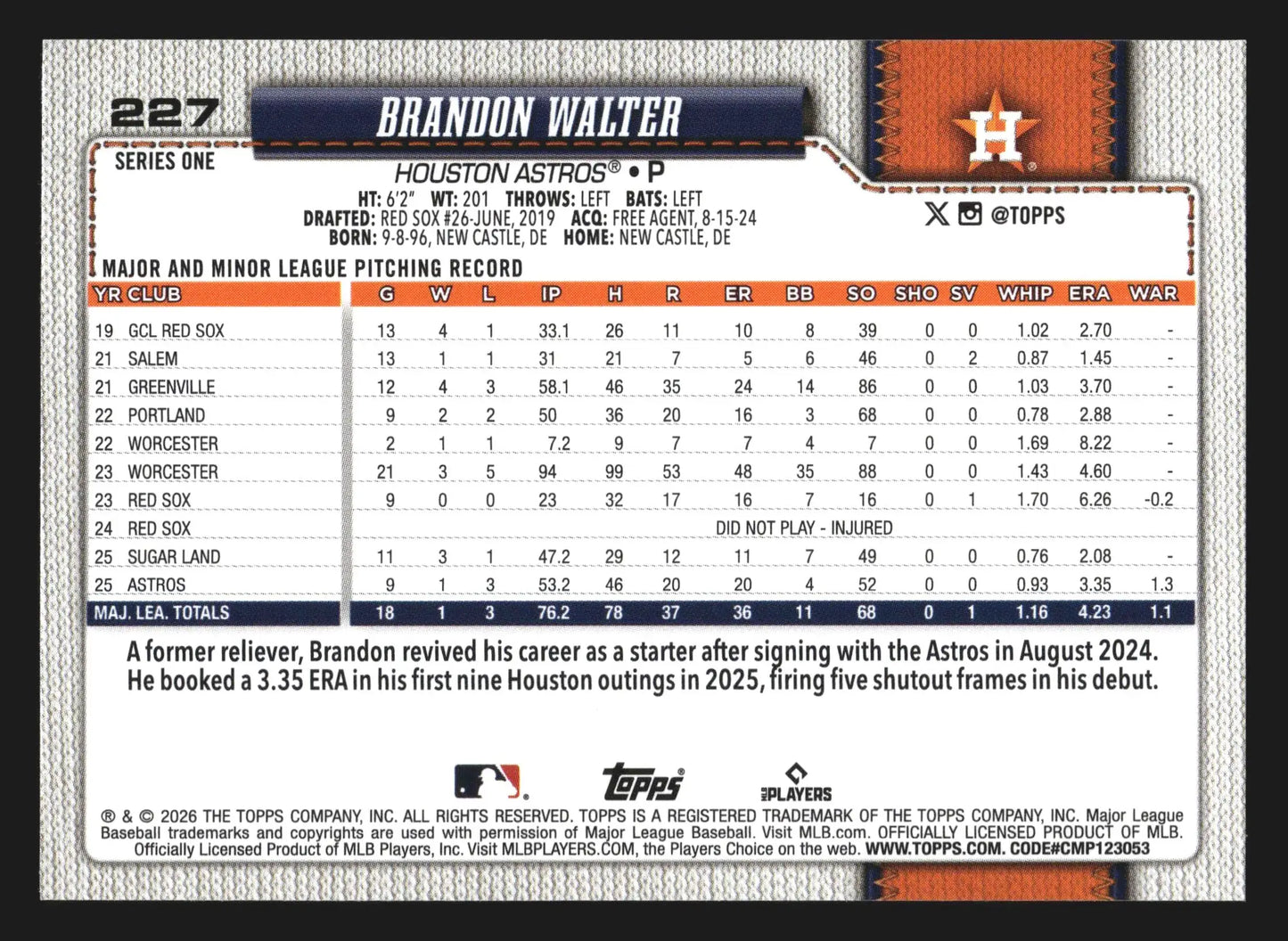 2026 Topps Brandon Walter #227 Houston Astros - Baseball Card Single