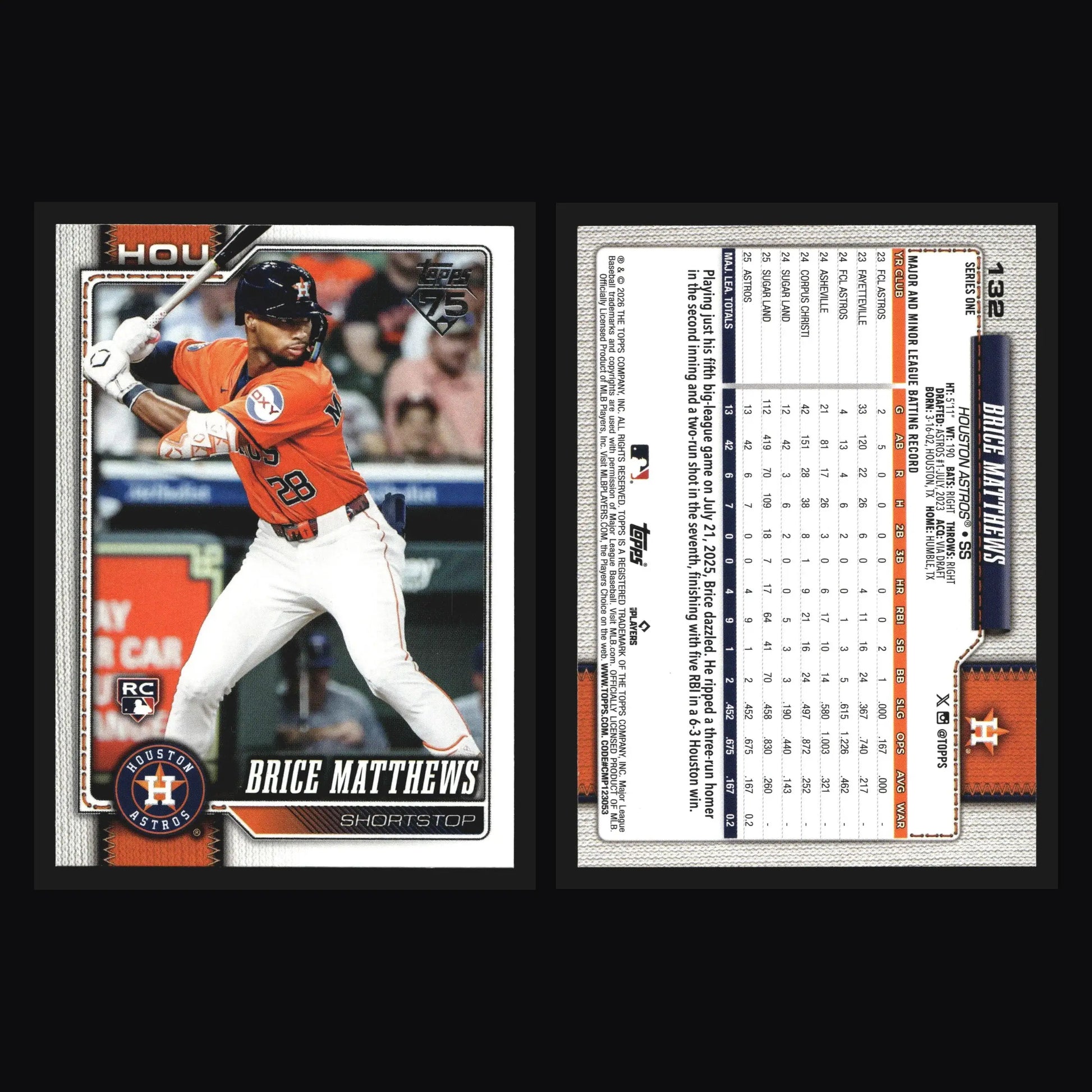 2026 Topps Brice Matthews #132 RC Houston Astros - Baseball Card Single