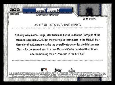 2026 Topps Bronx Buddies #302 New York Yankees - Baseball Card Single