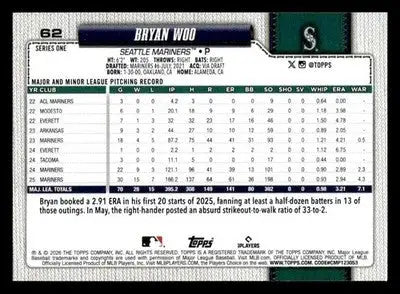 2026 Topps Bryan Woo #62 Seattle Mariners - Baseball Card Single