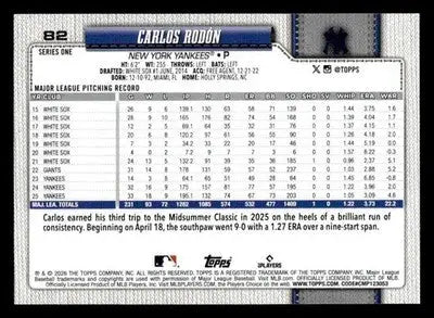 2026 Topps Carlos Rodón #82 New York Yankees - Baseball Card Single