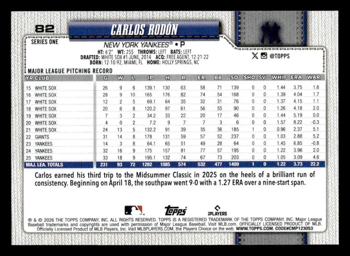 2026 Topps Carlos Rodón #82 New York Yankees