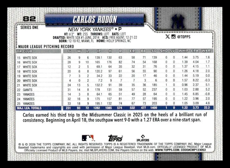 2026 Topps Carlos Rodón #82 New York Yankees