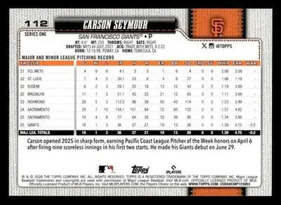 2026 Topps Carson Seymour #112 RC San Francisco Giants - Baseball Card Single