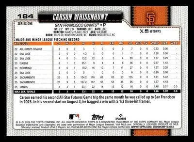2026 Topps Carson Whisenhunt #184 RC San Francisco Giants - Baseball Card Single