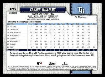 2026 Topps Carson Williams #25 RC Tampa Bay Rays - Baseball Card Single