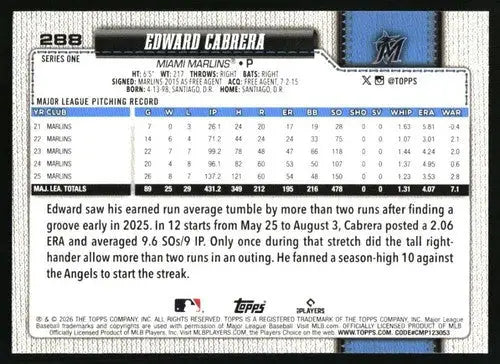 2026 Topps Celebration Confetti #288 Edward Cabrera NM-MT Marlins ID:82154 - Baseball Card Single
