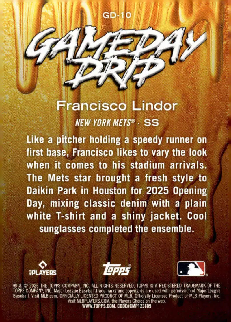 2026 Topps Celebration Gameday Drip #GD-10 Francisco Lindor NM-MT Mets ID:82166 - Baseball Card Single