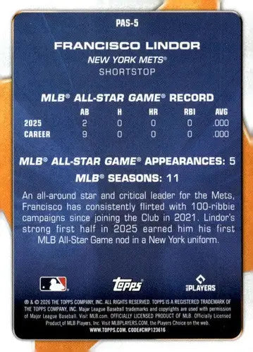 2026 Topps Celebration Perennial All-Stars #PAS-5 Francisco Lindor NM-M ID:82179 - Baseball Card Single