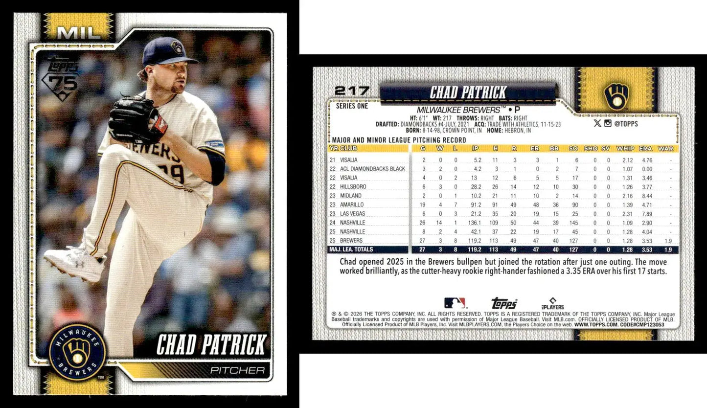2026 Topps CHAD PATRICK #217 RC [Base] Milwaukee Brewers RC - Baseball Card Single