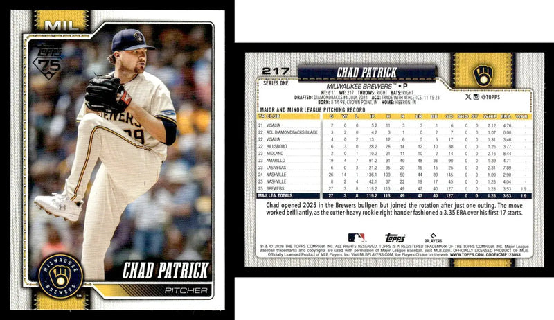2026 Topps CHAD PATRICK #217 RC [Base] Milwaukee Brewers RC - Baseball Card Single