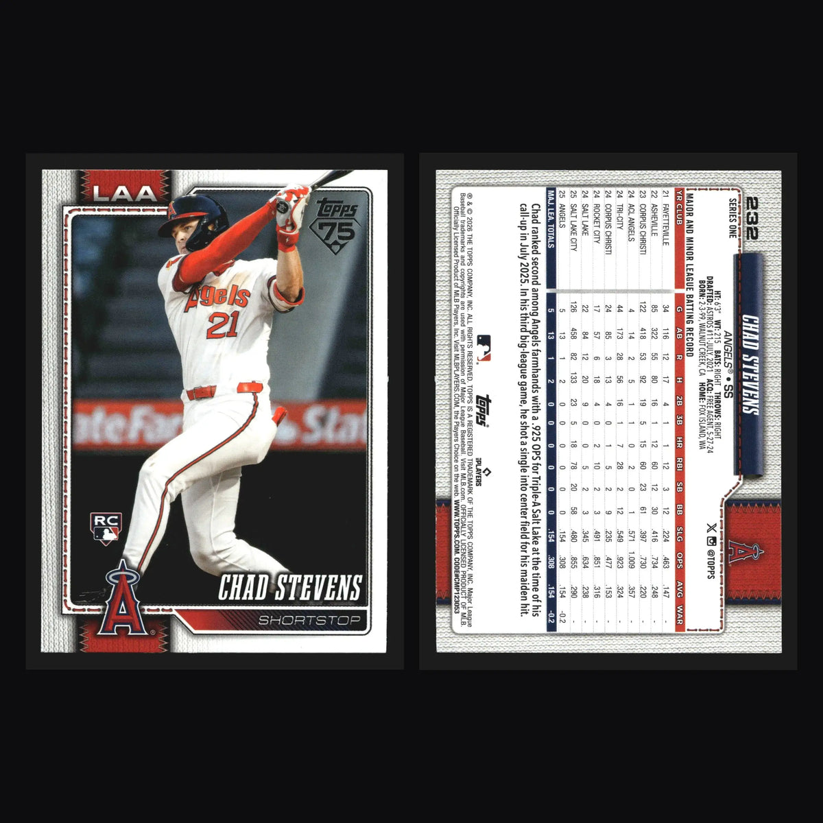 2026 Topps Chad Stevens #232 Los Angeles Angels RC - Baseball Card Single