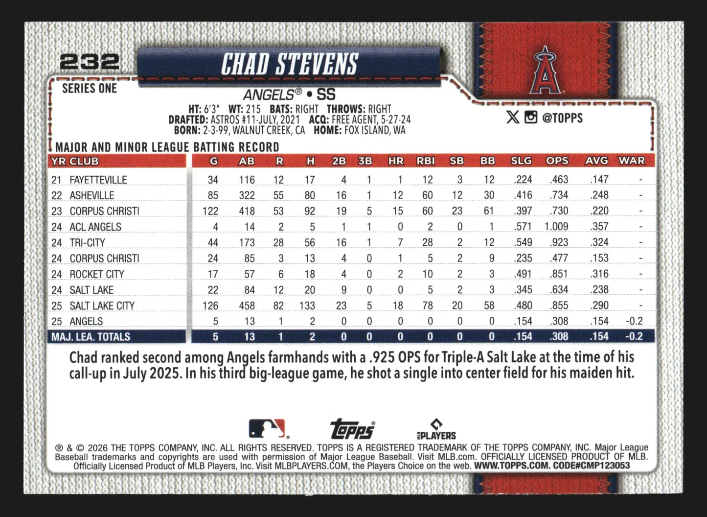 2026 Topps Chad Stevens #232 Los Angeles Angels RC - Baseball Card Single
