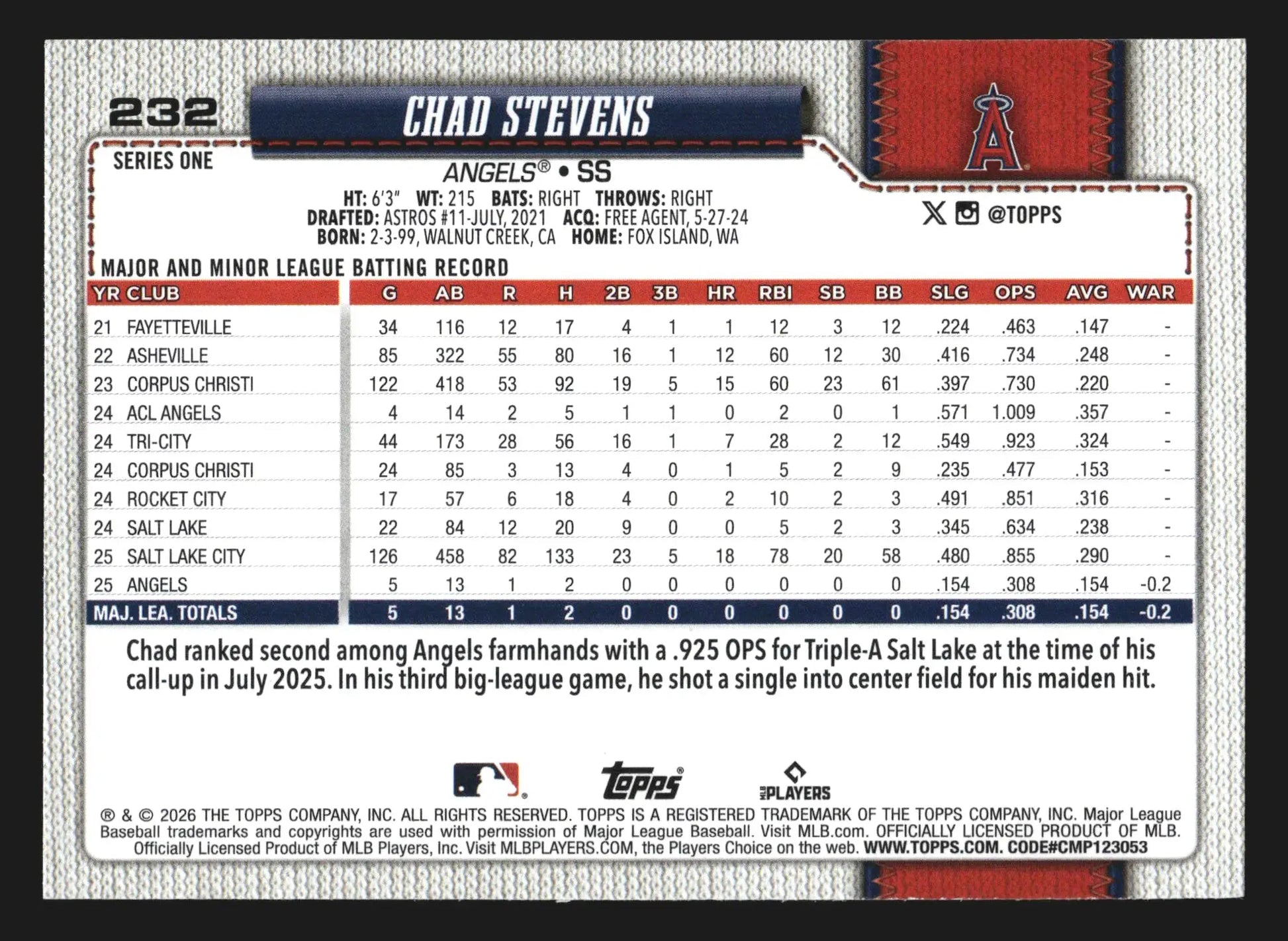 2026 Topps Chad Stevens #232 Los Angeles Angels RC - Baseball Card Single