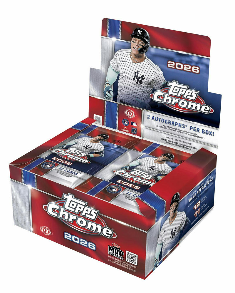 2026 Topps Chrome Baseball Jumbo Hobby Box featuring two autographs and exclusive Wave Refractor parallels.
Back of the 2026 Topps Chrome Baseball Jumbo Hobby Box showing product details and box configuration.
2026 Topps Chrome Baseball Jumbo hobby pack featuring MLB stars and top rookies.
2026 Topps Chrome Baseball Jumbo promotional sell sheet highlighting Wave Refractors, Helix case hits, Chromographs, Future Stars Autographs, Gold Logoman chase cards, and Hobby-exclusive inserts.